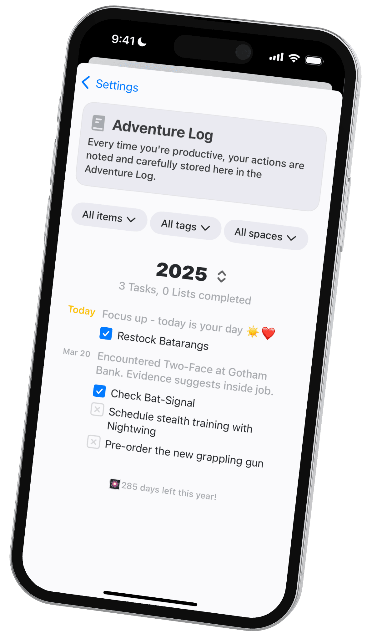 The Adventure Log in Stuff, a scrollable history of completed tasks